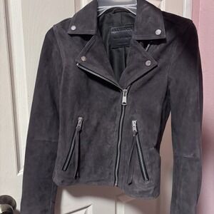 WOMENS ALLSAINTS BIKER JACKET SUEDE DALBY SLATE GREY SIZE 2 motto style